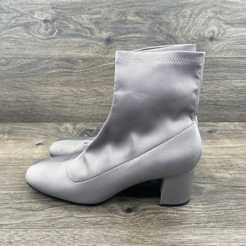 Zara Ankle Booties Women 8 Silver Block Heel Pointed Toe Satin Sock Boot